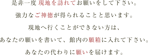 是非一度現地を訪れてお願いをして下さい。強力なご神徳が得られることと思います。現地へ行くことができない方は、あなたの願いを書いて、館内の願箱に入れて下さい。あなたの代わりに願いを届けます。