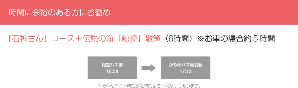 時間に余裕のある方にお勧め 「石神さん」コース＋伝説の海「鯨崎」散策（6時間）※お車の場合約５時間